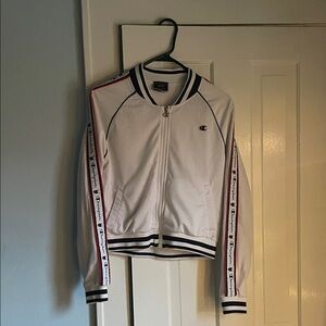 Champion Women's White Varsity Jacket with Black and Red Stripes